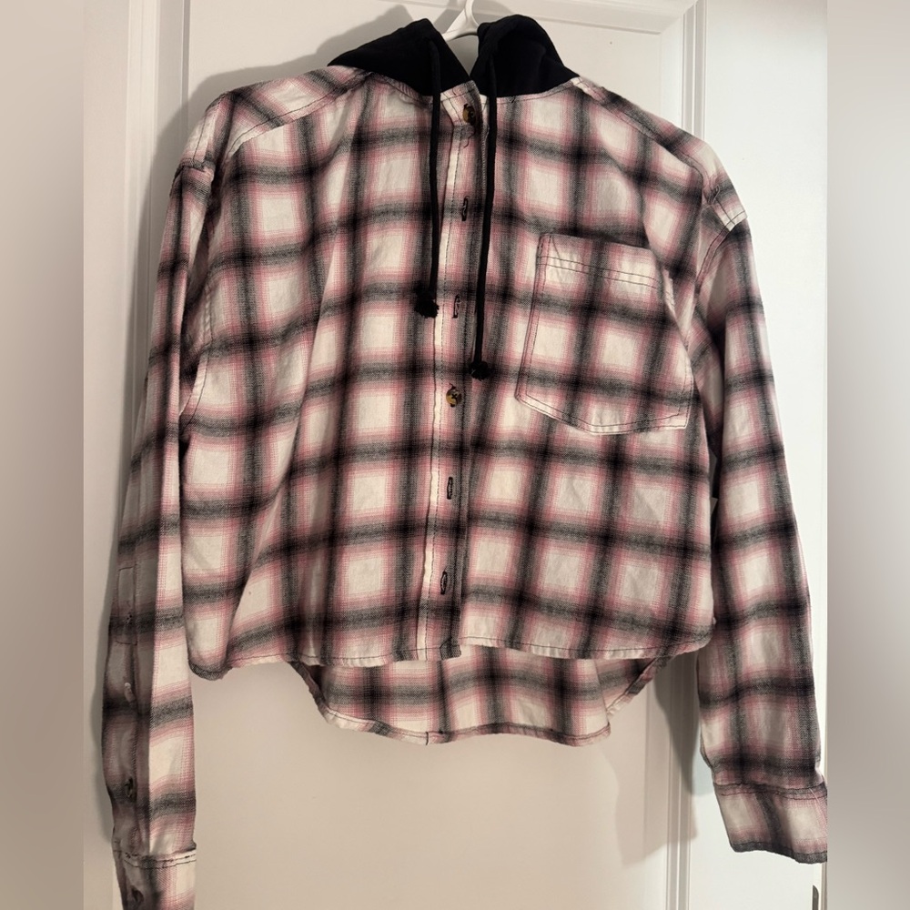 Plaid cropped Button-Up Hoodie